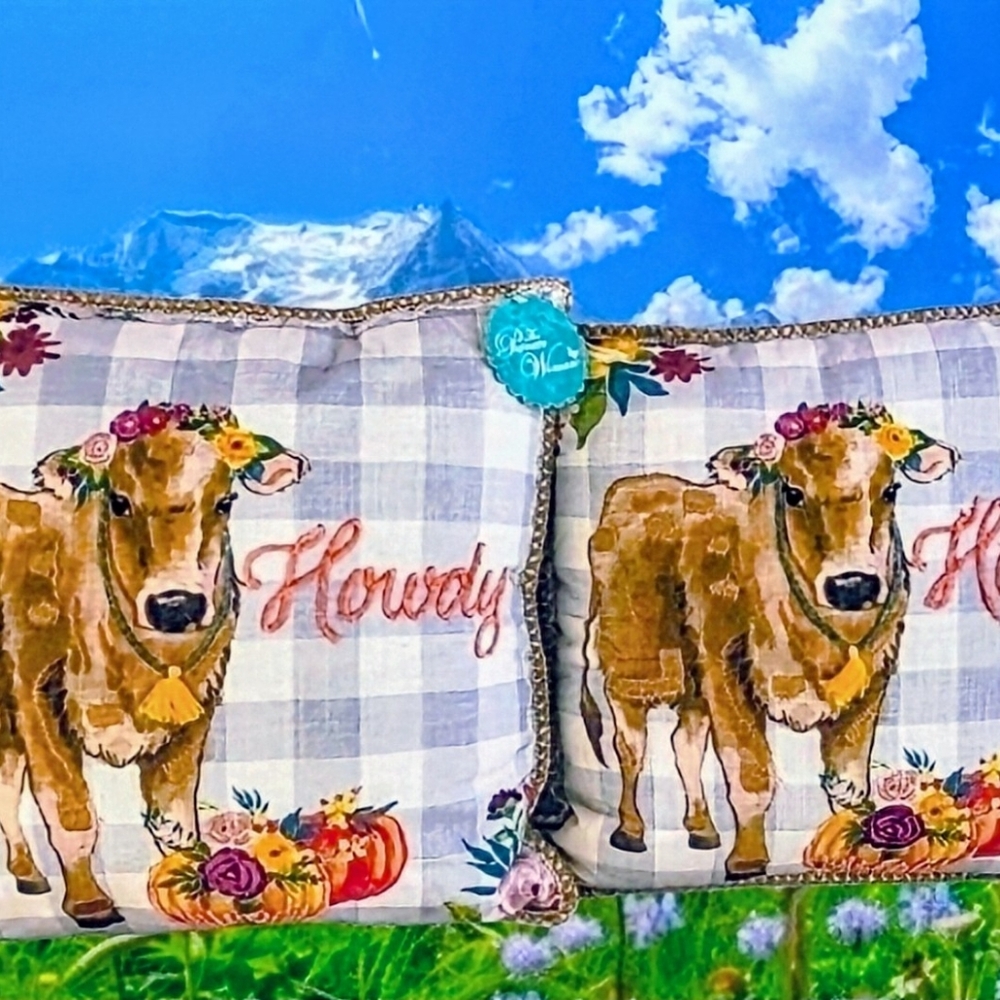 NWT. Pair Pioneer Woman Harvest Cow Howdy Floral Throw Pillows.